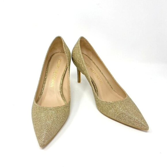 Stuart Weitzman Linsi 75 Pointed Toe Metallic Woven Pump Heels Rubber Sole NWB - Picture 2 of 13